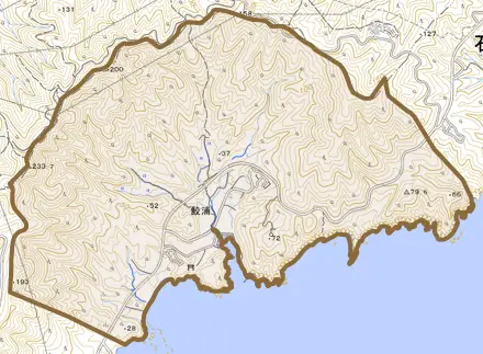 鮫浦とその周辺の地図。町の範囲を重ねている