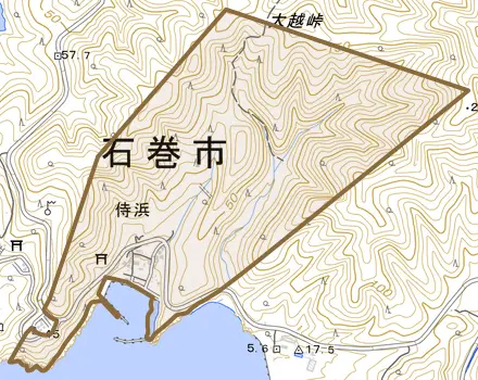 侍浜とその周辺の地図。町の範囲を重ねている