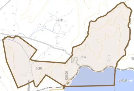 沢田とその周辺の地図。町の範囲を重ねている