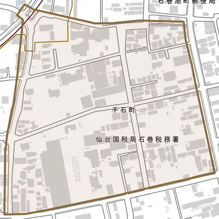 千石町とその周辺の地図。町の範囲を重ねている