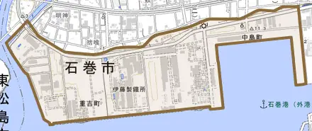 重吉町とその周辺の地図。町の範囲を重ねている
