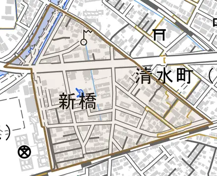 新橋とその周辺の地図。町の範囲を重ねている