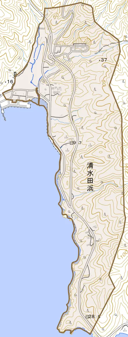 清水田浜とその周辺の地図。町の範囲を重ねている