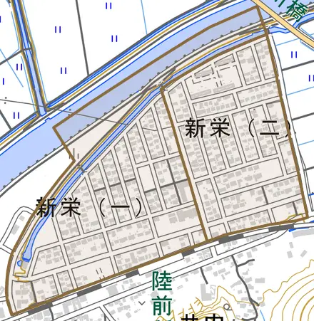 新栄とその周辺の地図。町の範囲を重ねている