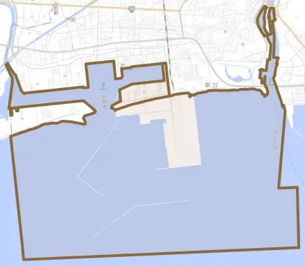 潮見町とその周辺の地図。町の範囲を重ねている