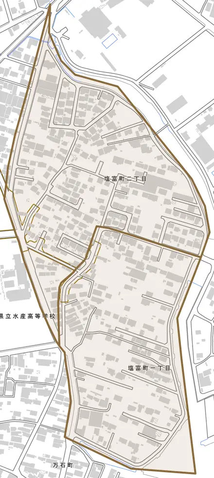 塩富町とその周辺の地図。町の範囲を重ねている