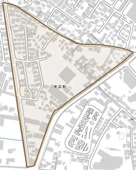 末広町とその周辺の地図。町の範囲を重ねている