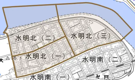 水明北とその周辺の地図。町の範囲を重ねている