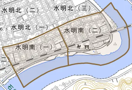 水明南とその周辺の地図。町の範囲を重ねている