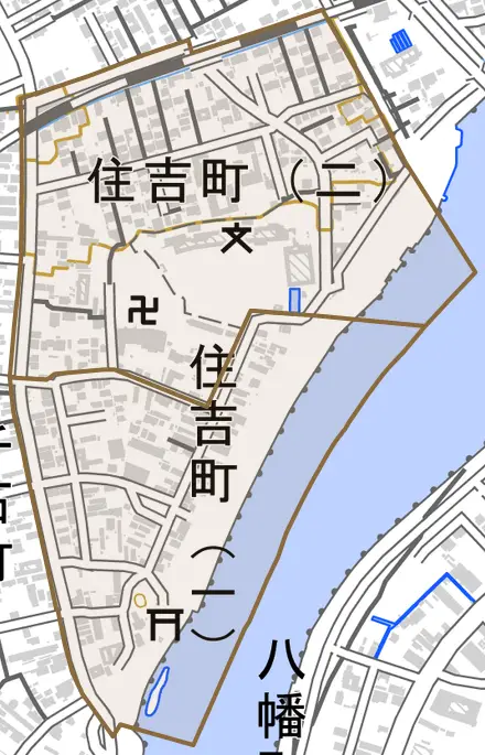 住吉町とその周辺の地図。町の範囲を重ねている