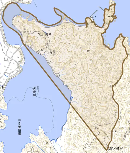 尾崎とその周辺の地図。町の範囲を重ねている