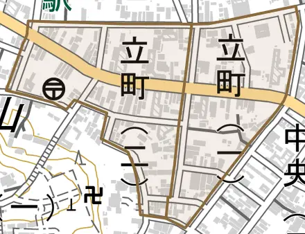 立町とその周辺の地図。町の範囲を重ねている