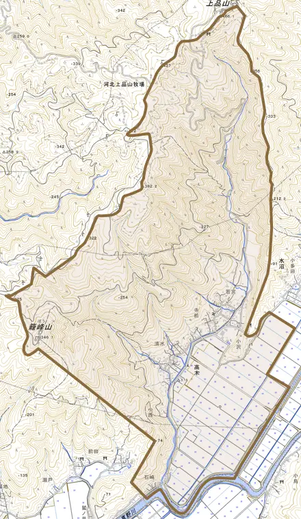 高木とその周辺の地図。町の範囲を重ねている