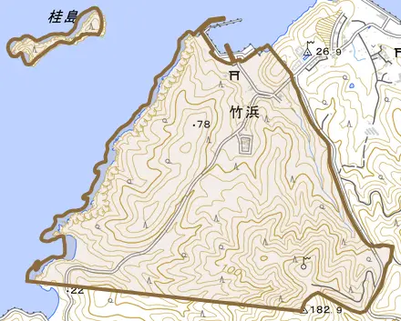 竹浜とその周辺の地図。町の範囲を重ねている