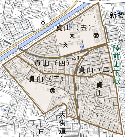 貞山とその周辺の地図。町の範囲を重ねている