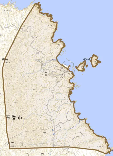 泊浜とその周辺の地図。町の範囲を重ねている