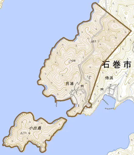 月浦とその周辺の地図。町の範囲を重ねている