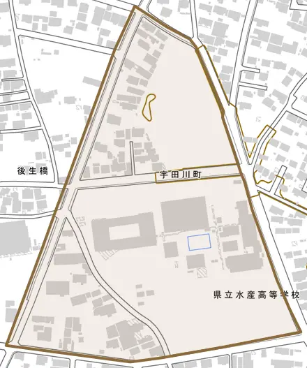 宇田川町とその周辺の地図。町の範囲を重ねている