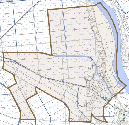 和渕とその周辺の地図。町の範囲を重ねている