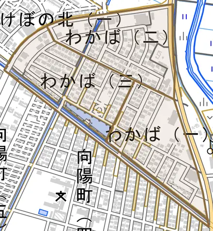 わかばとその周辺の地図。町の範囲を重ねている