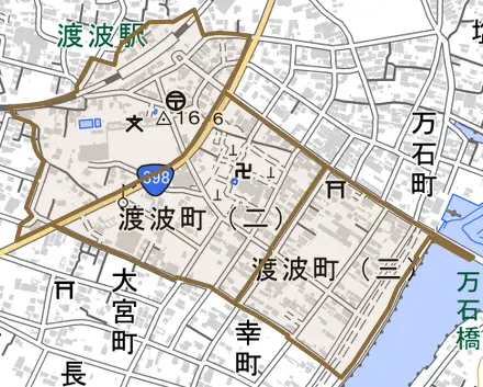 渡波町とその周辺の地図。町の範囲を重ねている