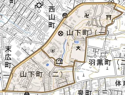 山下町とその周辺の地図。町の範囲を重ねている