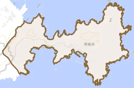 寄磯浜とその周辺の地図。町の範囲を重ねている
