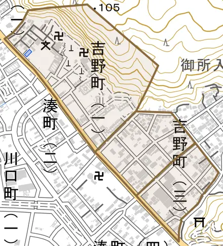 吉野町とその周辺の地図。町の範囲を重ねている
