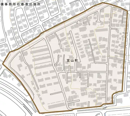 宜山町とその周辺の地図。町の範囲を重ねている