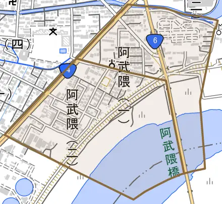 阿武隈とその周辺の地図。町の範囲を重ねている