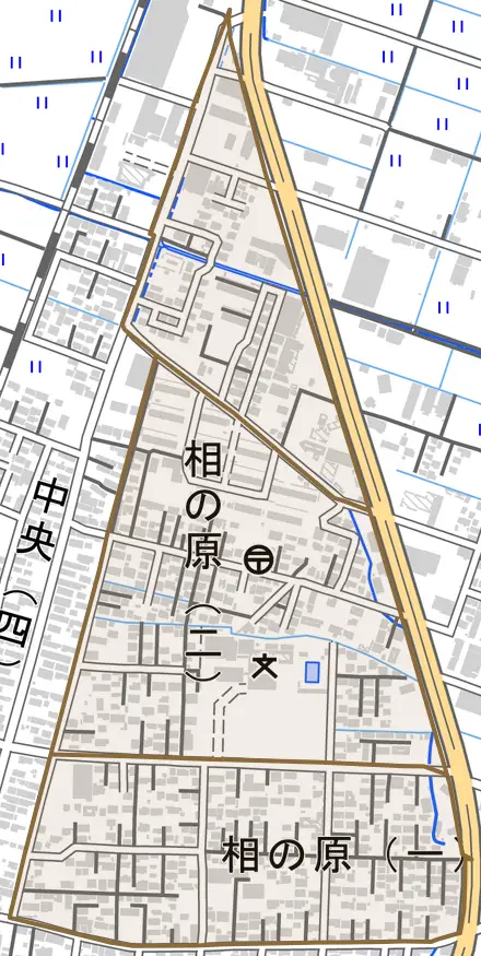 相の原とその周辺の地図。町の範囲を重ねている