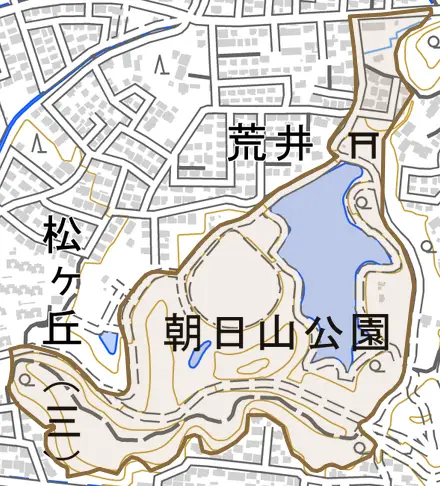 字荒井とその周辺の地図。町の範囲を重ねている
