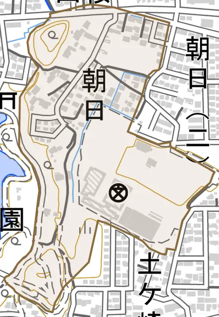 字朝日とその周辺の地図。町の範囲を重ねている
