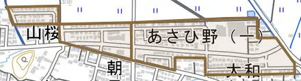 あさひ野とその周辺の地図。町の範囲を重ねている