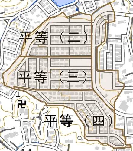 平等とその周辺の地図。町の範囲を重ねている