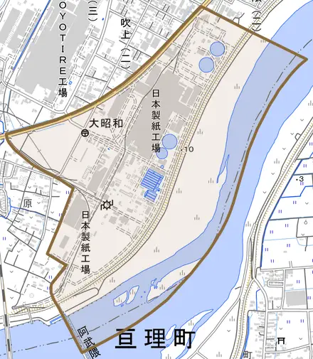 大昭和とその周辺の地図。町の範囲を重ねている
