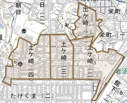 土ケ崎とその周辺の地図。町の範囲を重ねている