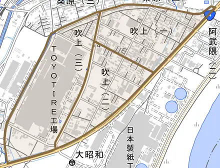 吹上とその周辺の地図。町の範囲を重ねている