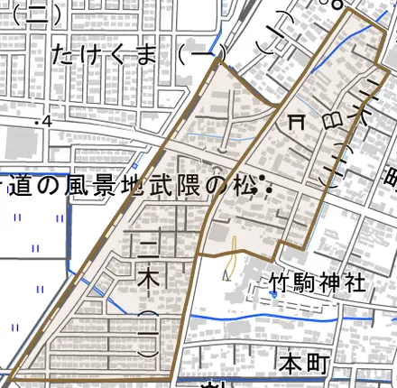 二木とその周辺の地図。町の範囲を重ねている