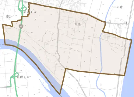 早股とその周辺の地図。町の範囲を重ねている