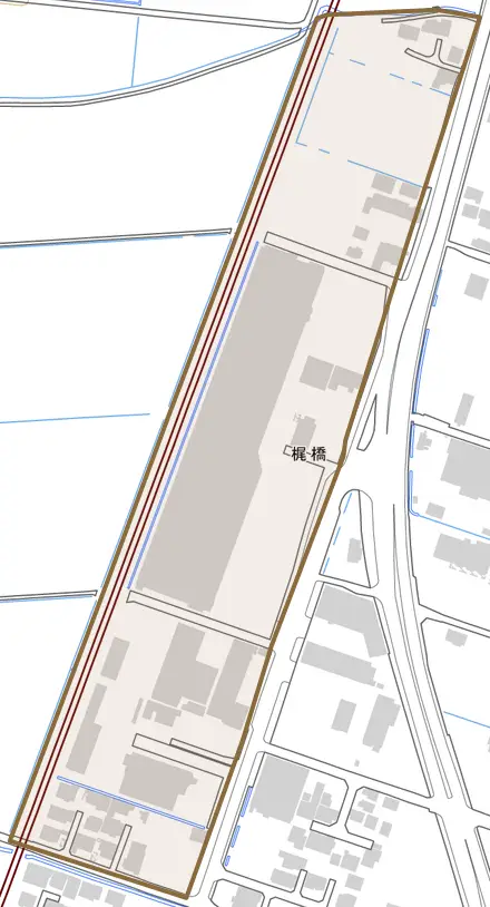 梶橋とその周辺の地図。町の範囲を重ねている