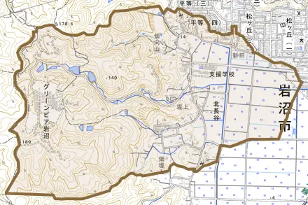 北長谷とその周辺の地図。町の範囲を重ねている