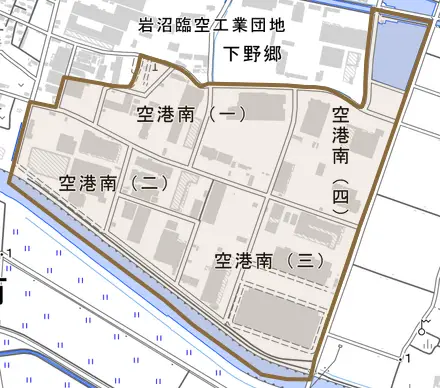 空港南とその周辺の地図。町の範囲を重ねている