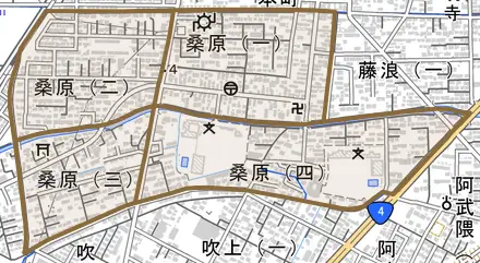 桑原とその周辺の地図。町の範囲を重ねている