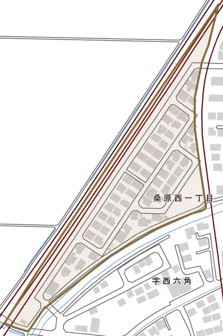 桑原西とその周辺の地図。町の範囲を重ねている