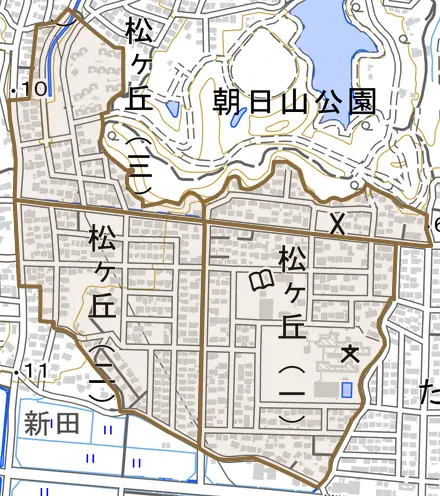 松ケ丘とその周辺の地図。町の範囲を重ねている
