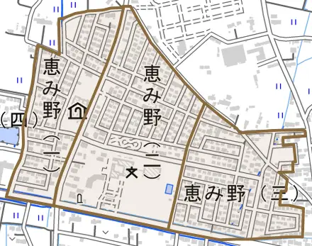 恵み野とその周辺の地図。町の範囲を重ねている