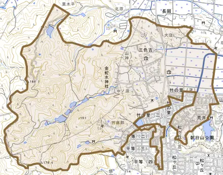 三色吉とその周辺の地図。町の範囲を重ねている