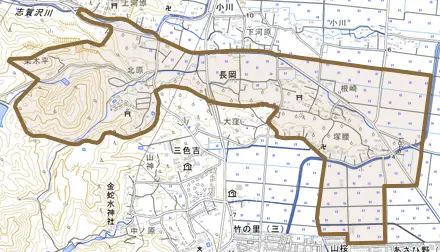 長岡とその周辺の地図。町の範囲を重ねている