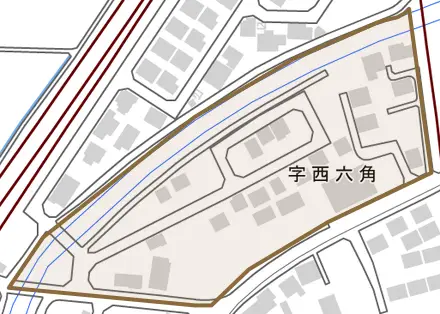 字西六角とその周辺の地図。町の範囲を重ねている